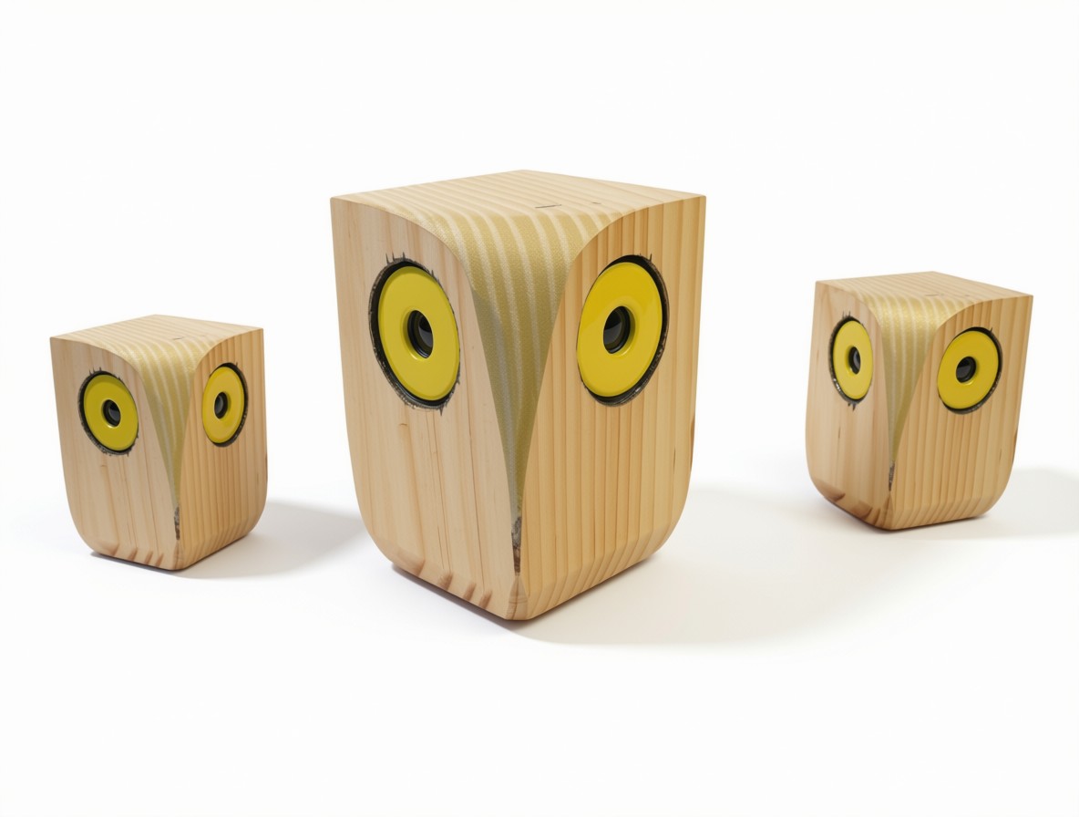 Enceintes chouettes en bois, finition dorée, gros plan