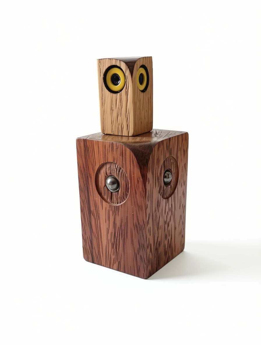 Hibou cubique en bois, yeux jaunes