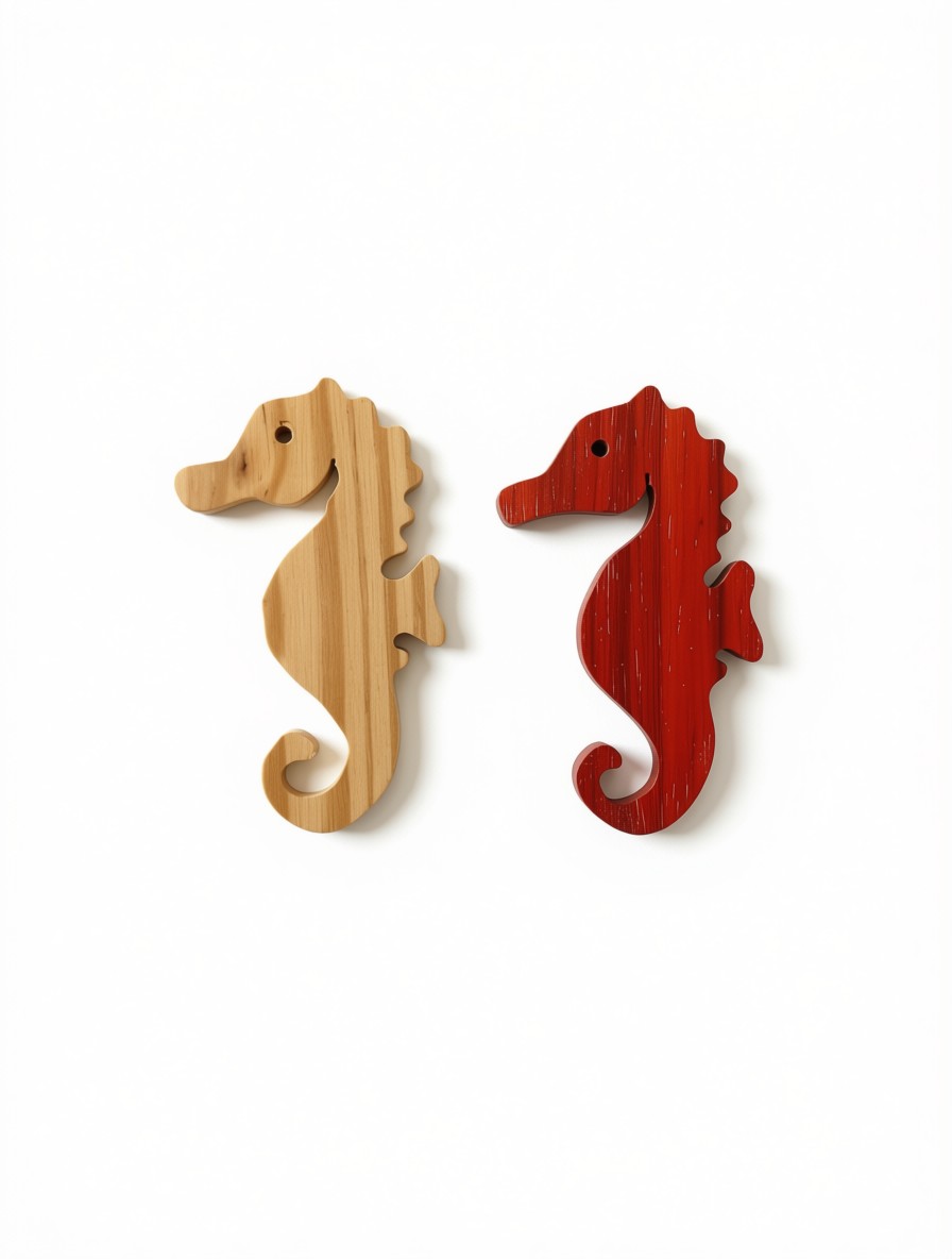 Duo d'hippocampes en bois, naturel et rouge