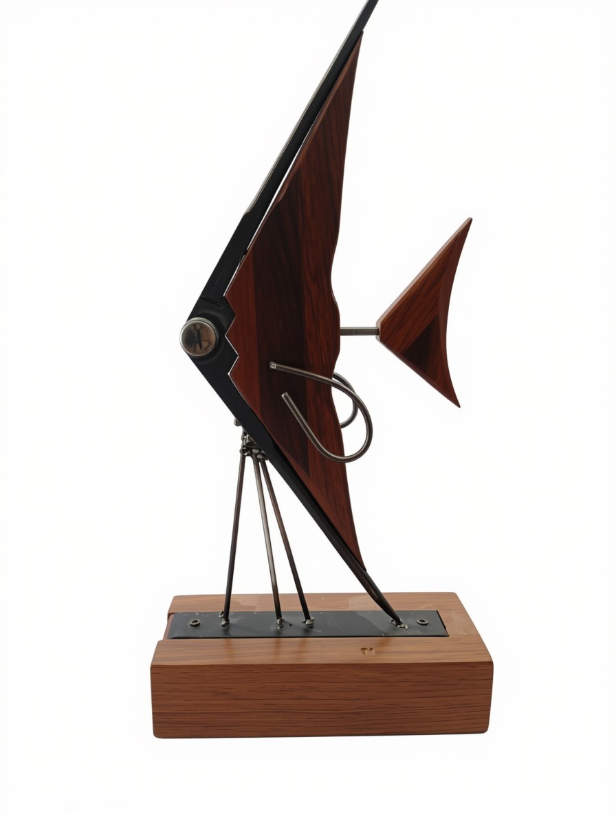 Poisson-ange en bois et métal sur socle