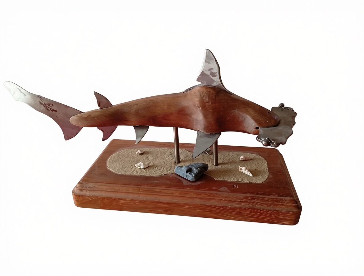 Requin marteau en bois et métal sur socle en bois